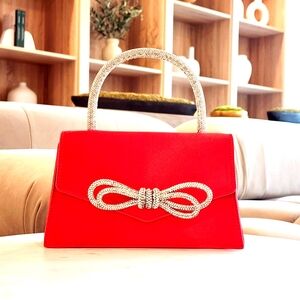 Women's Rhinestone Bow Accent Top Handle Red Satin Flap Handbag
